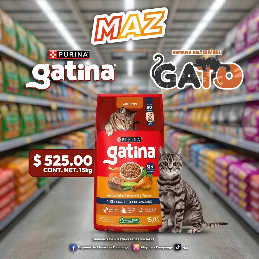 Promoción Purina Gatina selección carne, pollo y verduras 15kg, $525.00