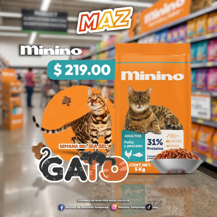 Promoción Minino alimento para gato adulto pollo y pescado 5kg, $219.00