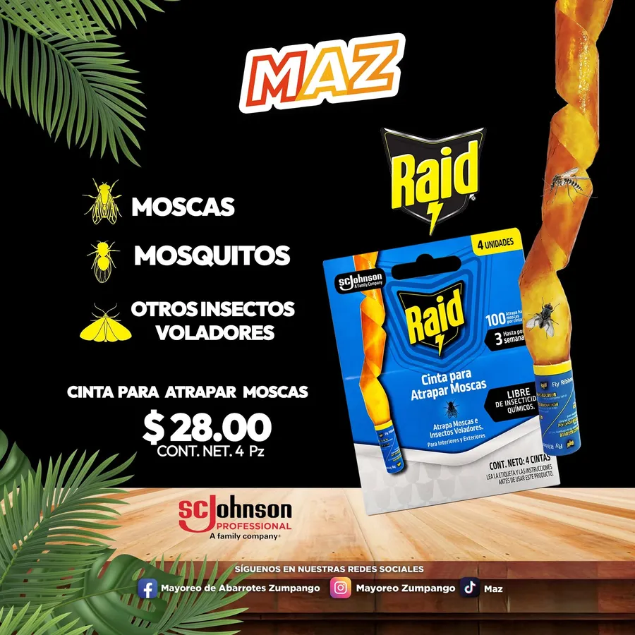 Promoción Raid cinta atrapa moscas y mosquitos 4 piezas, $28.00